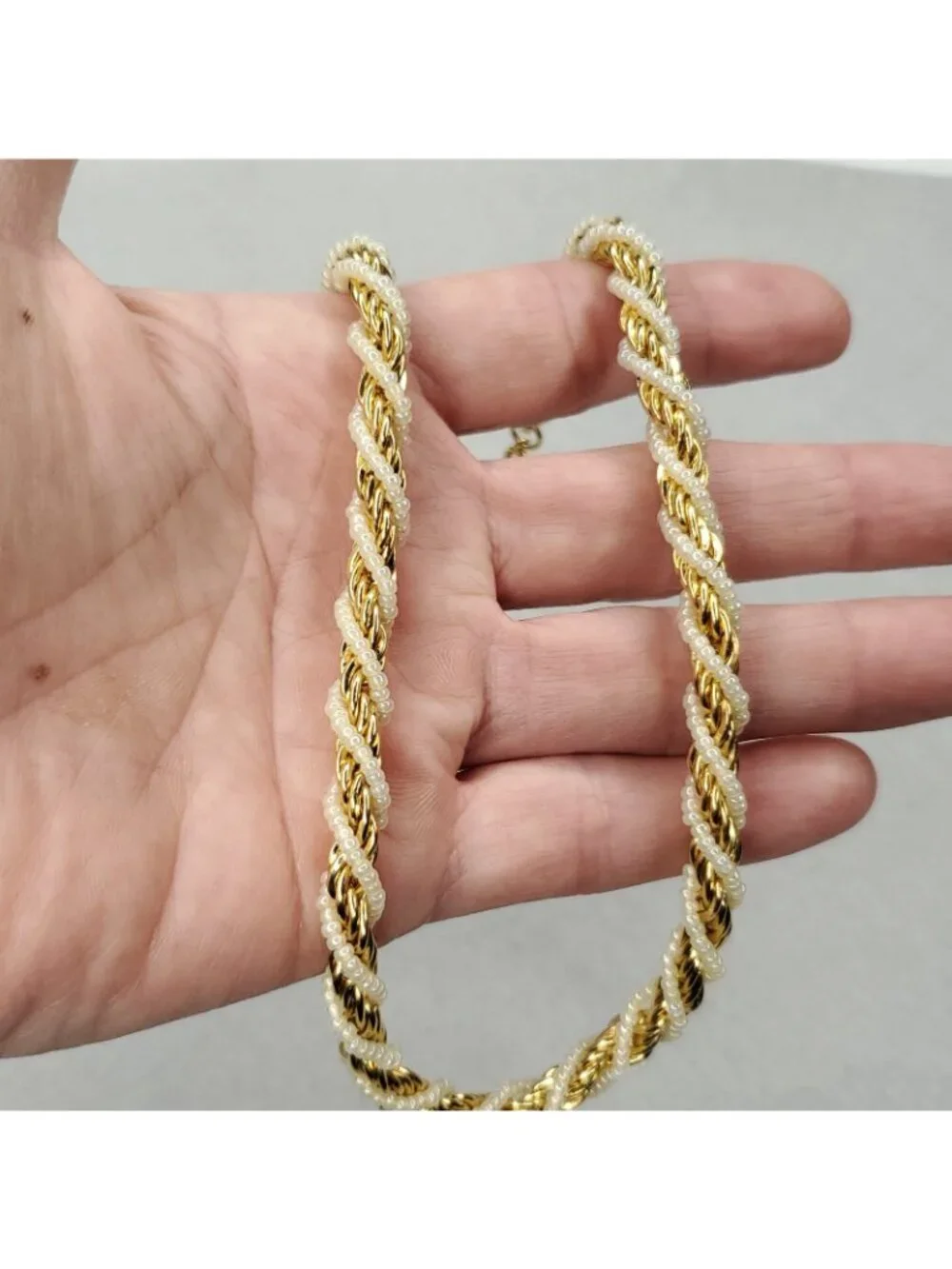 Vintage Trifari Necklace Gold Tone Faux Pearl Twisted Rope Chain 15.5